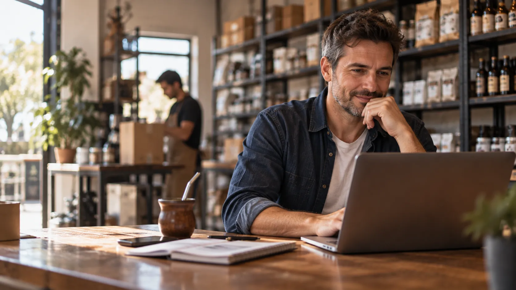 Dueño de un comercio revisando los números de su negocio en la notebook