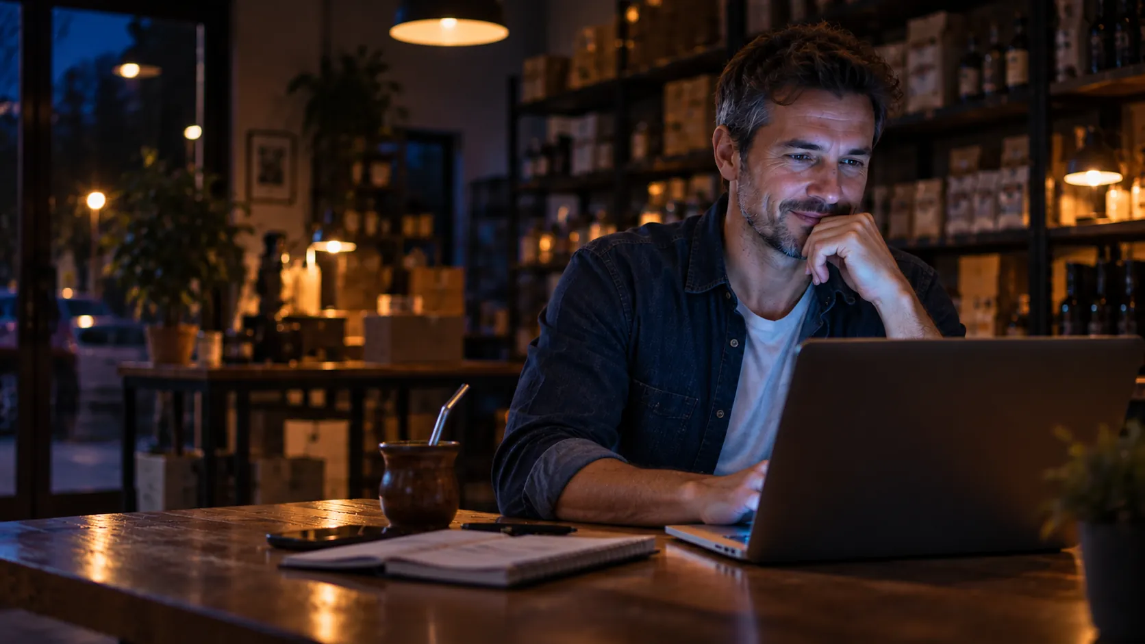 Dueño de un comercio revisando los números de su negocio de noche